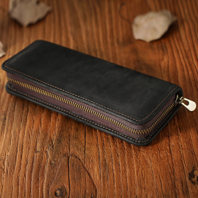 Wholesale First Layer Cowhide Retro Square Men's Zipper Pencil Case